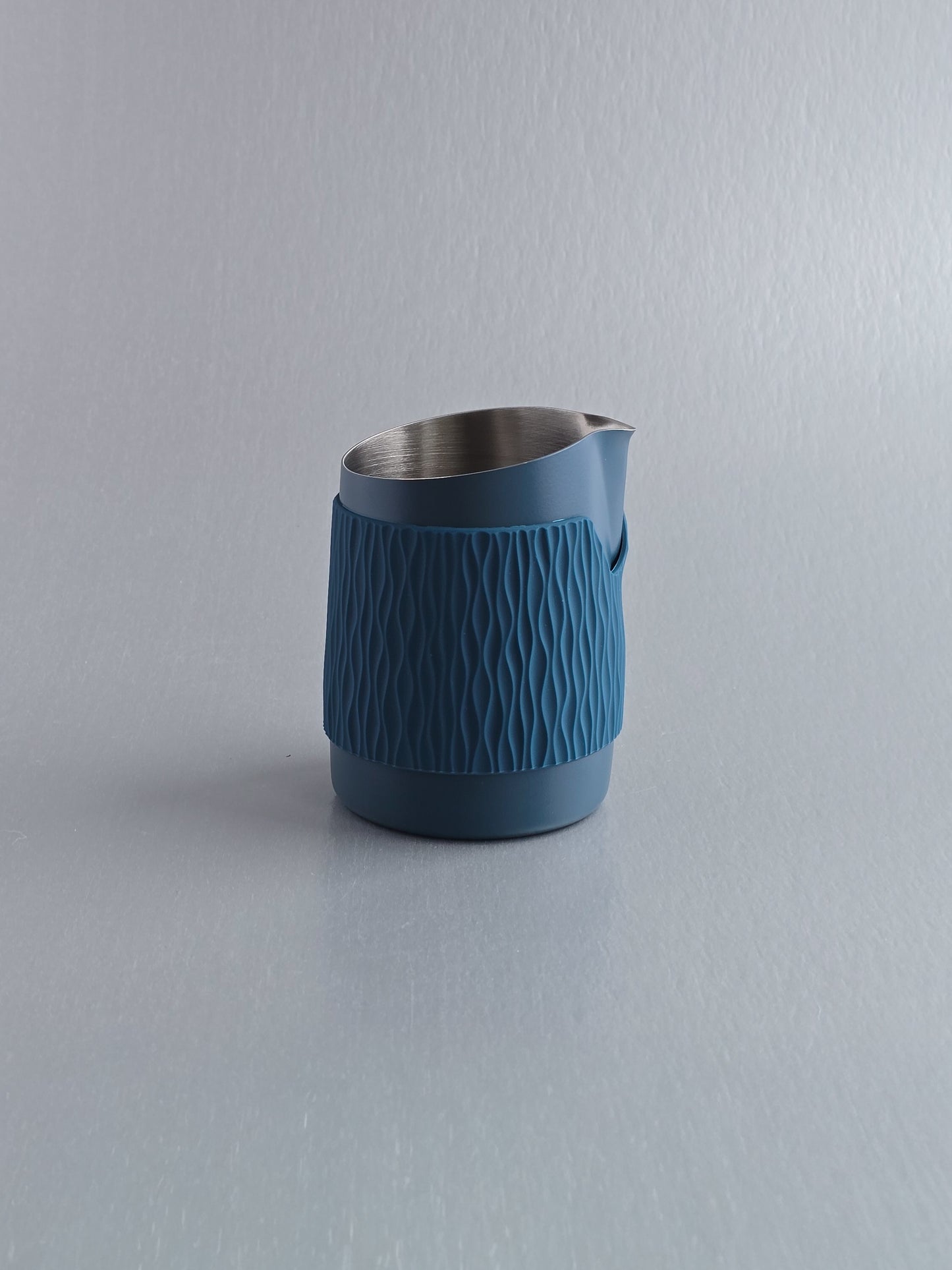 15OZ SLOW POUR SUPPLY® X WPM Monochrome Handleless Latte Art Pitcher with Soft Touch Silicone Wrap - Marina Blue