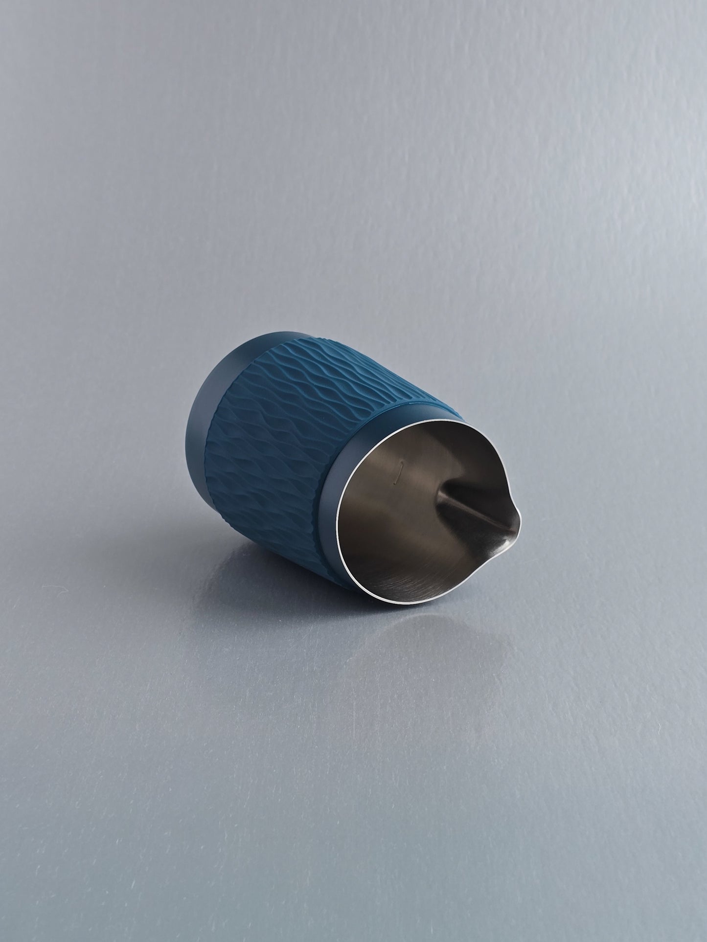 15OZ SLOW POUR SUPPLY® X WPM Monochrome Handleless Latte Art Pitcher with Soft Touch Silicone Wrap - Marina Blue