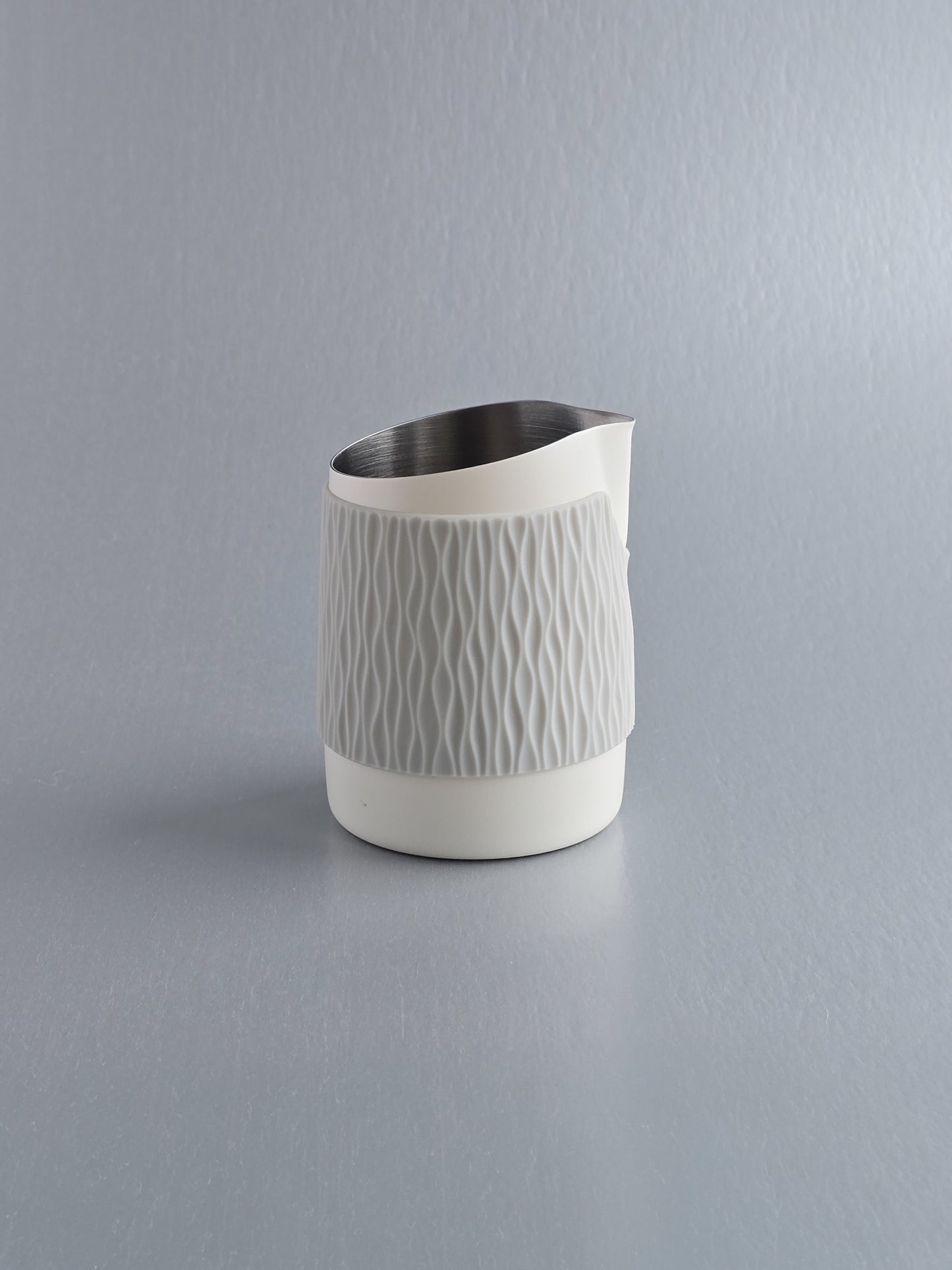 Matte White- 15OZ SLOW POUR SUPPLY® X WPM Monochrome Handleless Latte Art Pitcher with Soft Touch Silicone Wrap