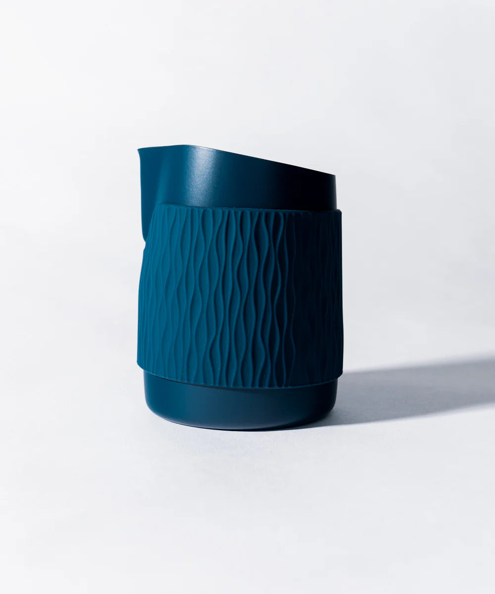 15OZ SLOW POUR SUPPLY® X WPM Monochrome Handleless Latte Art Pitcher with Soft Touch Silicone Wrap - Marina Blue