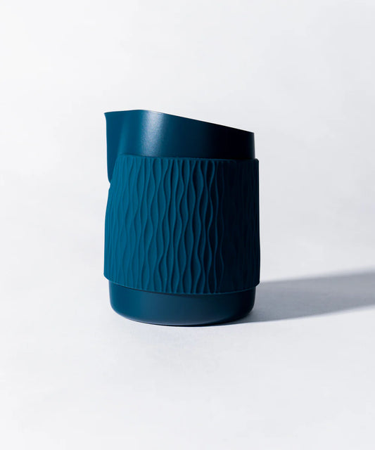 15OZ SLOW POUR SUPPLY® X WPM Monochrome Handleless Latte Art Pitcher with Soft Touch Silicone Wrap - Marina Blue