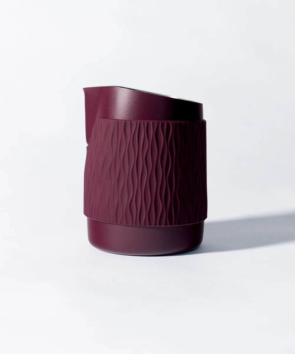 15OZ SLOW POUR SUPPLY® X WPM Monochrome Handleless Latte Art Pitcher with Soft Touch Silicone Wrap - Aubergine
