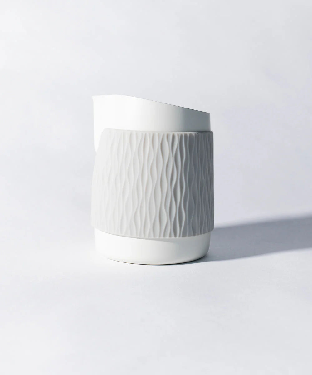 Matte White- 15OZ SLOW POUR SUPPLY® X WPM Monochrome Handleless Latte Art Pitcher with Soft Touch Silicone Wrap