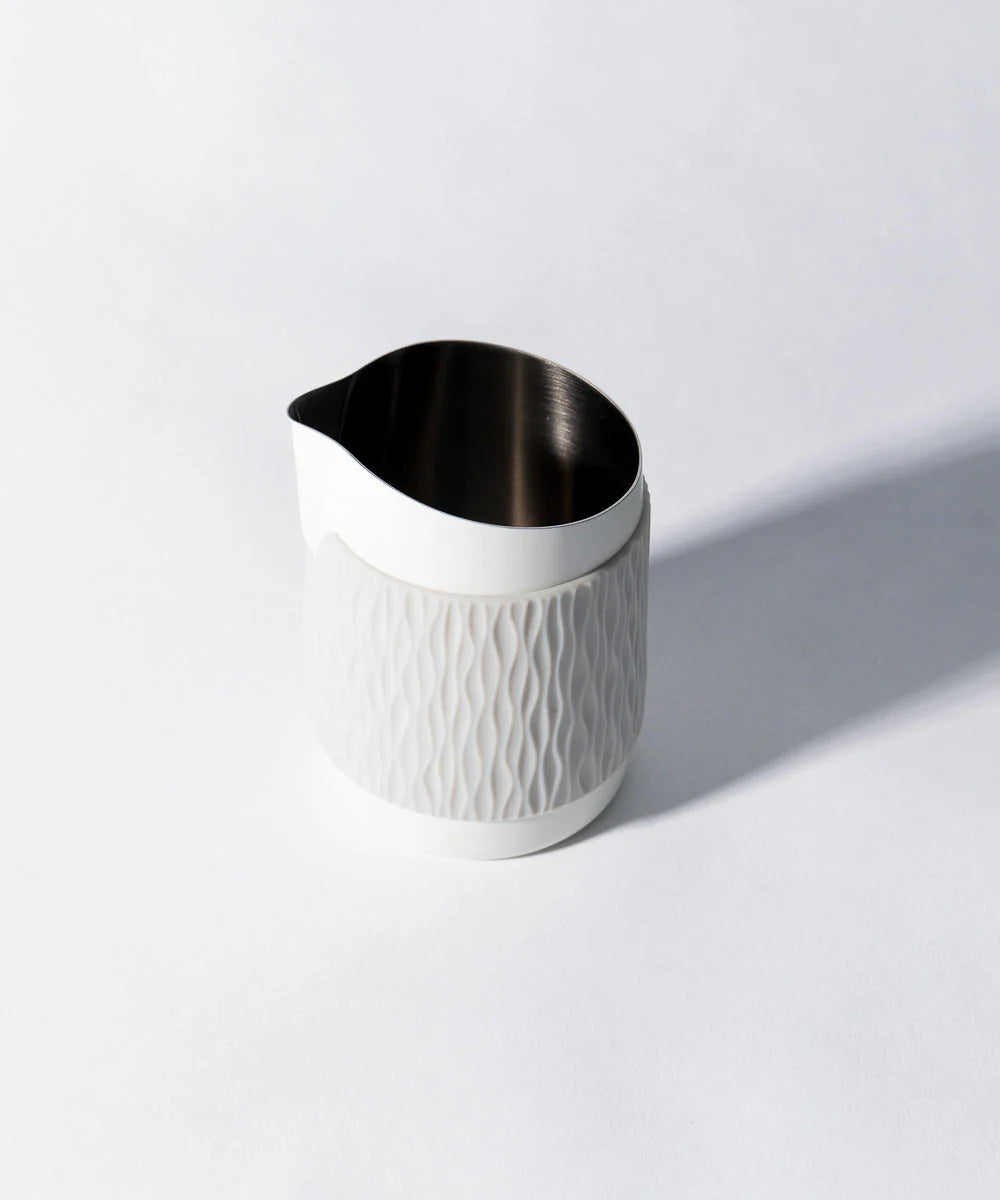 Matte White- 15OZ SLOW POUR SUPPLY® X WPM Monochrome Handleless Latte Art Pitcher with Soft Touch Silicone Wrap