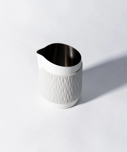 Matte White- 15OZ SLOW POUR SUPPLY® X WPM Monochrome Handleless Latte Art Pitcher with Soft Touch Silicone Wrap