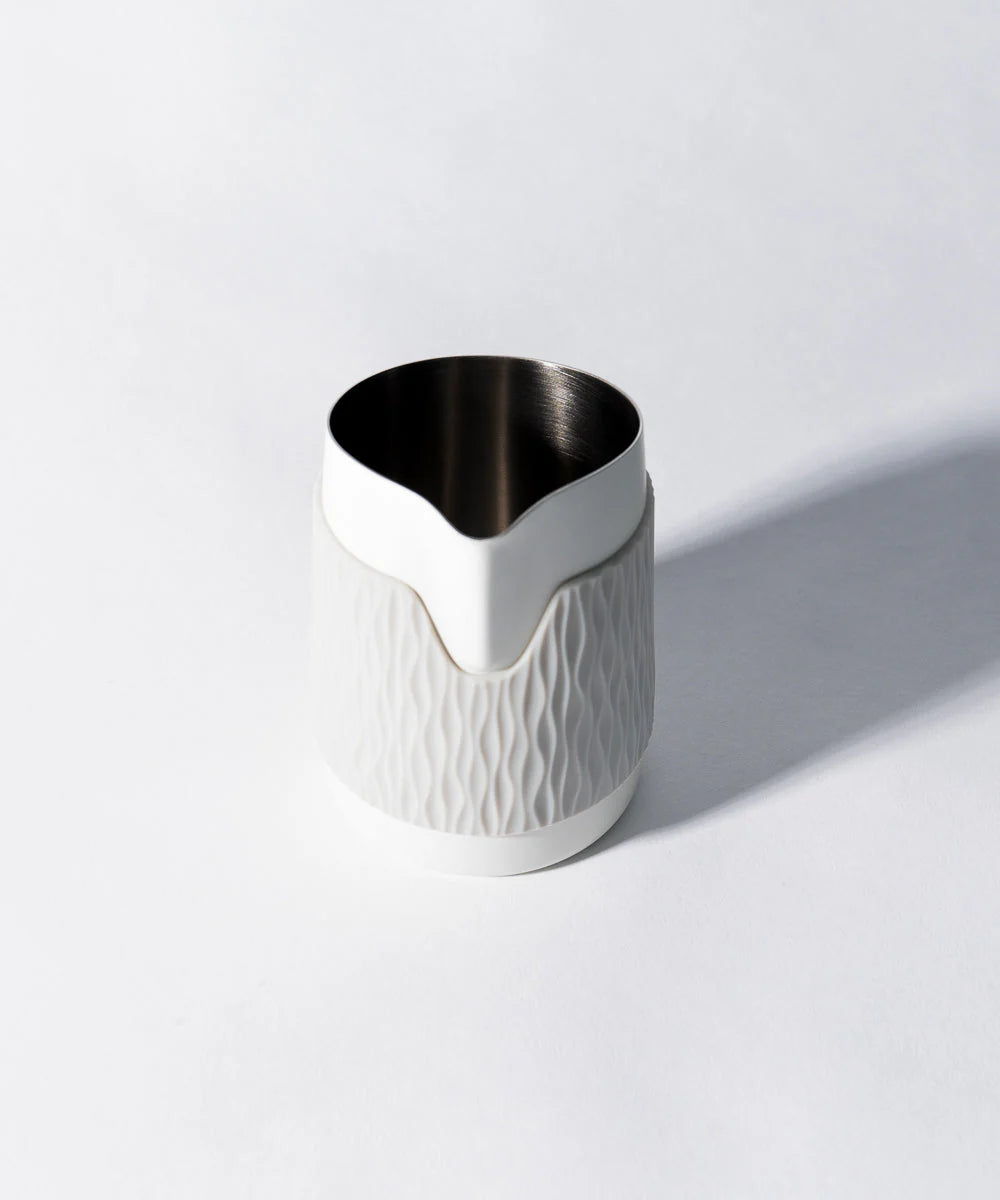 Matte White- 15OZ SLOW POUR SUPPLY® X WPM Monochrome Handleless Latte Art Pitcher with Soft Touch Silicone Wrap