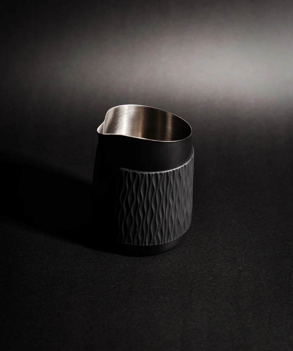 Midnight Black- 15OZ SLOW POUR SUPPLY® X WPM Monochrome Handleless Latte Art Pitcher with Soft Touch Silicone Wrap
